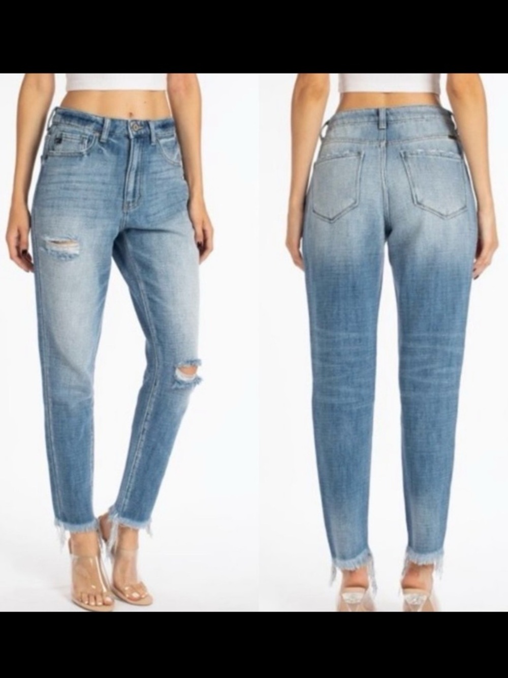 KanCan High Rise Distressed Mom Jeans: Light Stone Wash